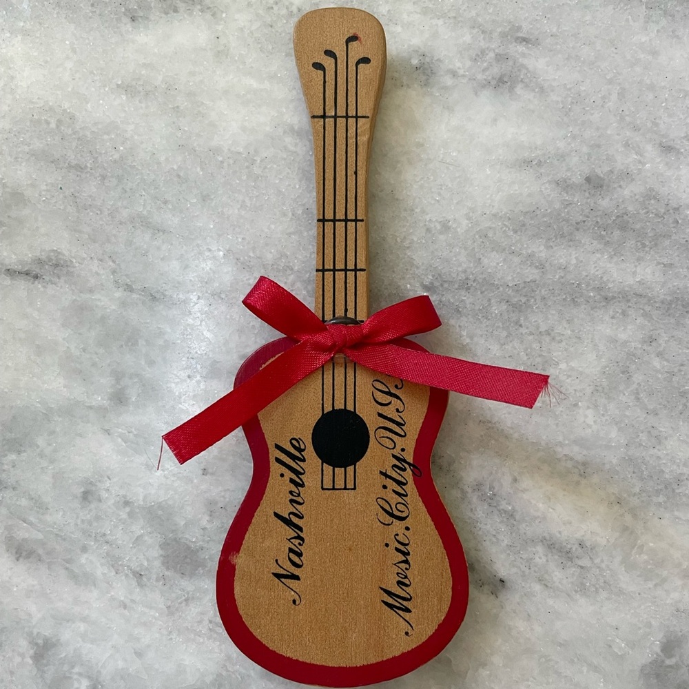 Vintage 1990s Nashville Music City USA Wood Guitar Red Bow Souvenir Magnet